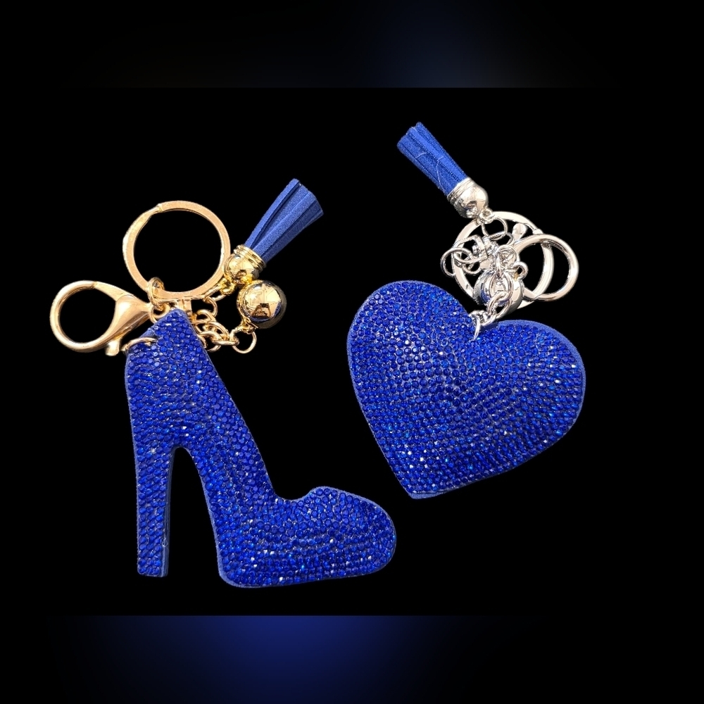 Blue Rhinestone Heart and Shoe Bag Charm Keychain Set